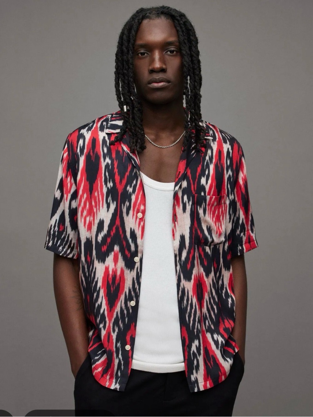 All Saints - Short Sleeve Red & Black Patterned Button-Up Shirt - XL